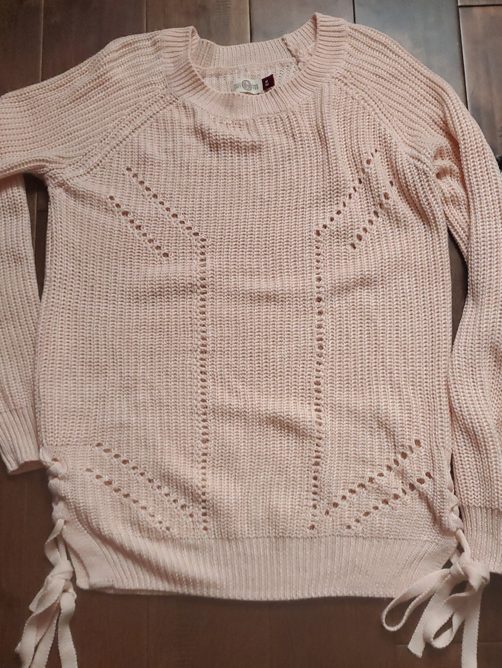 SO Pale Pink Knit Crewneck Sweater with Side Ties Size Medium Very Pretty
